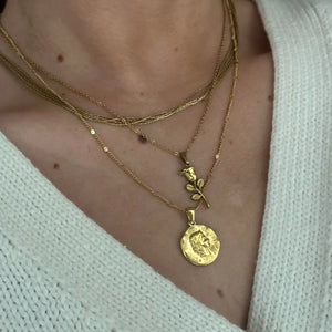 Rose pendant necklace stacked with coin pendant necklace and basic chocker, on model.